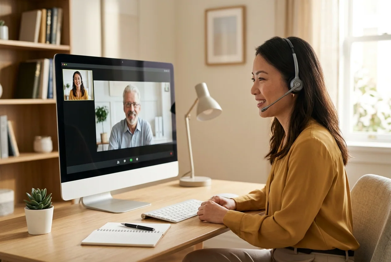 3PVA administrative assistant supporting a client during a video call from a home office.
