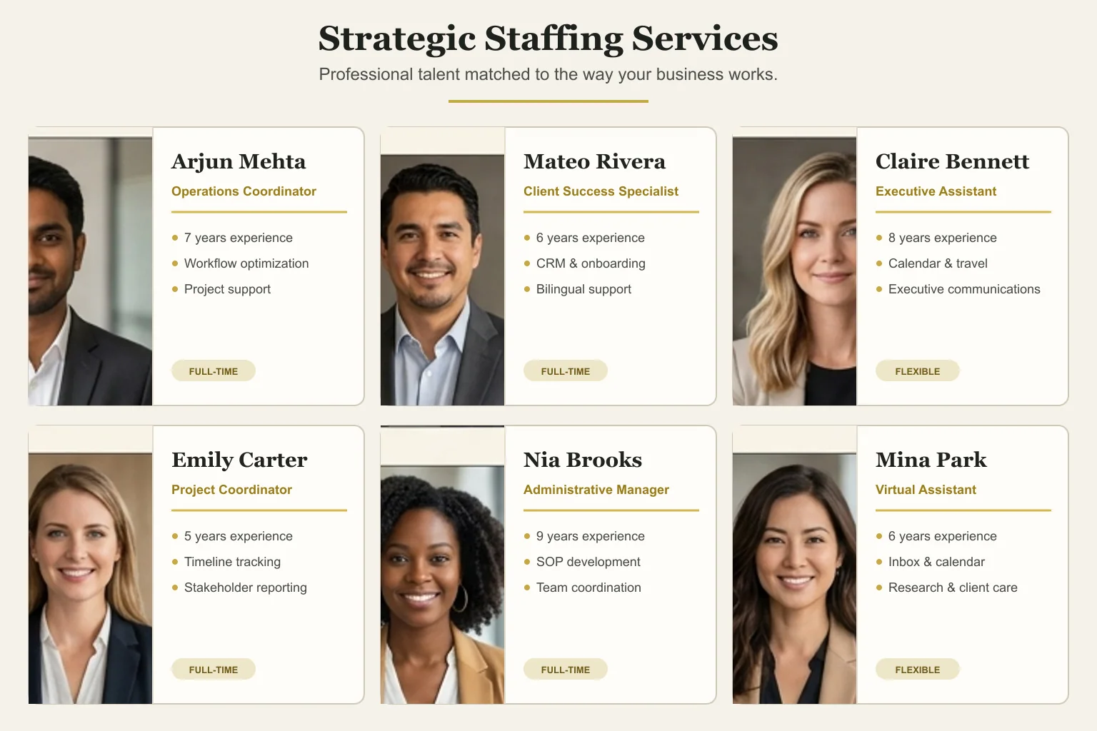 3PVA strategic staffing candidate profiles featuring diverse professional talent and résumé highlights.